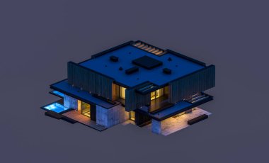 Park yeri ve havuzu satılık ya da ahşap kaplamalı modern konforlu ev. Beyazda izole edilmiş