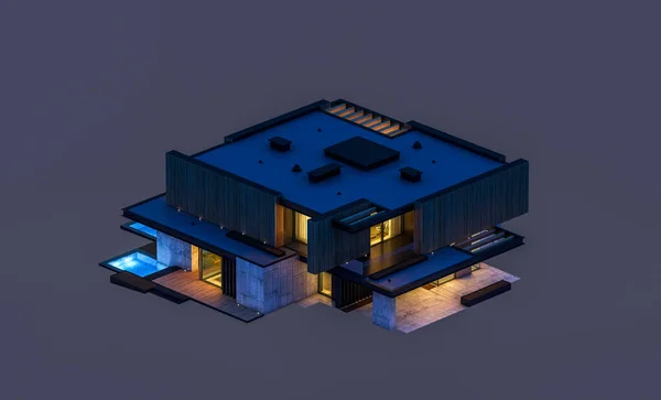 3D展示现代化舒适的房子 设有停车场和供出售的游泳池 或租用木制木板立面 与白种人隔离 — 图库照片