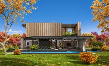 Park yeri ve havuzu satılık ya da kiralık, ahşap ön cepheli ve arka planda güzel peyzajlı modern konforlu bir ev. Güneşli bir sonbahar günü, her yerde altın yapraklar.