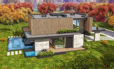 Park yeri ve havuzu satılık ya da kiralık, ahşap ön cepheli ve arka planda güzel peyzajlı modern konforlu bir ev. Güneşli bir sonbahar günü, her yerde altın yapraklar.