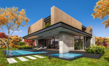 Park yeri ve havuzu satılık ya da kiralık, ahşap ön cepheli ve arka planda güzel peyzajlı modern konforlu bir ev. Güneşli bir sonbahar günü, her yerde altın yapraklar.