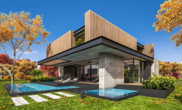 Трехмерный рендеринг современного уютного дома с парковкой и бассейном на продажу или в аренду с деревянным фасадом и красивым ландшафтным дизайном на заднем плане. Ясный солнечный осенний день с золотыми листьями везде
.