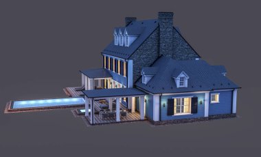 Modern konforlu klasik evin 3 boyutlu tasarımı. Geceleri garajı ve havuzu satılık ya da kiralık. Siyah üzerine izole edilmiş..