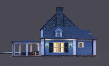 Modern konforlu klasik evin 3 boyutlu tasarımı. Geceleri garajı ve havuzu satılık ya da kiralık. Siyah üzerine izole edilmiş..