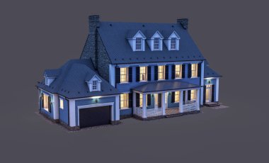 Modern konforlu klasik evin 3 boyutlu tasarımı. Geceleri garajı ve havuzu satılık ya da kiralık. Siyah üzerine izole edilmiş..