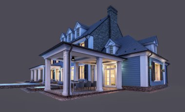 Modern konforlu klasik evin 3 boyutlu tasarımı. Geceleri garajı ve havuzu satılık ya da kiralık. Siyah üzerine izole edilmiş..