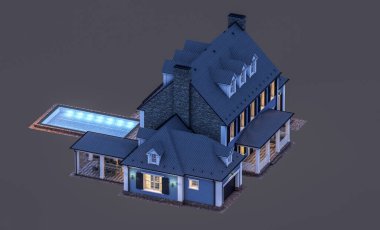 Modern konforlu klasik evin 3 boyutlu tasarımı. Geceleri garajı ve havuzu satılık ya da kiralık. Siyah üzerine izole edilmiş..