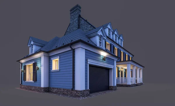 Rendering Van Moderne Gezellige Klassieke Huis Koloniale Stijl Met Garage — Stockfoto