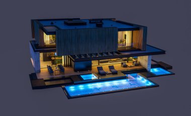 Park yeri ve havuzu satılık ya da ahşap kaplamalı modern konforlu ev. Beyazda izole edilmiş