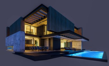 Park yeri ve havuzu satılık ya da ahşap kaplamalı modern konforlu ev. Beyazda izole edilmiş