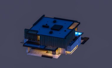 Park yeri ve havuzu satılık ya da ahşap kaplamalı modern konforlu ev. Beyazda izole edilmiş