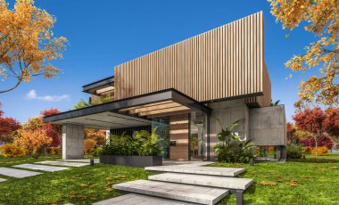 Park yeri ve havuzu satılık ya da kiralık, ahşap ön cepheli ve arka planda güzel peyzajlı modern konforlu bir ev. Güneşli bir sonbahar günü, her yerde altın yapraklar.