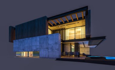 Park yeri ve havuzu satılık ya da ahşap kaplamalı modern konforlu ev. Beyazda izole edilmiş