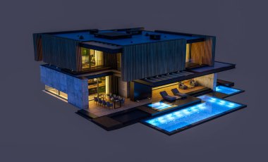 Park yeri ve havuzu satılık ya da ahşap kaplamalı modern konforlu ev. Beyazda izole edilmiş