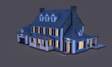 Modern konforlu klasik evin 3 boyutlu tasarımı. Geceleri garajı ve havuzu satılık ya da kiralık. Siyah üzerine izole edilmiş..