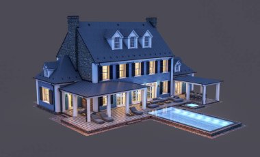 Modern konforlu klasik evin 3 boyutlu tasarımı. Geceleri garajı ve havuzu satılık ya da kiralık. Siyah üzerine izole edilmiş..
