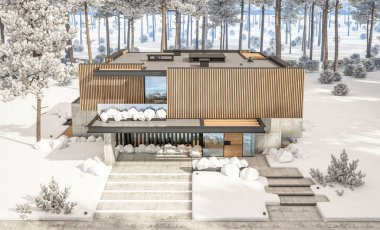 Park yeri ve havuzu satılık ya da kiralık, ahşap ön cepheli ve arka planda güzel peyzajlı modern konforlu bir ev. Parlak beyaz karlı serin bir kış günü.