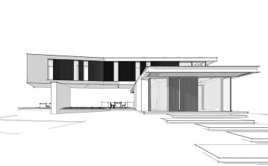 Tepedeki garajı ve havuzu satılık ya da kiralık olan modern konforlu ev. Beyaz zemin üzerinde yumuşak ışık gölgeleri olan siyah çizgi çizimi.