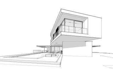 Tepedeki garajı ve havuzu satılık ya da kiralık olan modern konforlu ev. Beyaz zemin üzerinde yumuşak ışık gölgeleri olan siyah çizgi çizimi.