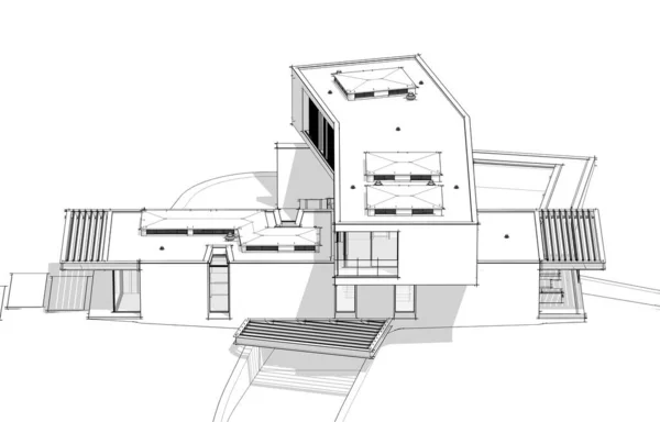 ガレージや販売や賃貸料のためのプールと丘の上に現代的な居心地の良い家の3Dレンダリング 白地に柔らかい光の影の黒い線のスケッチ — ストック写真