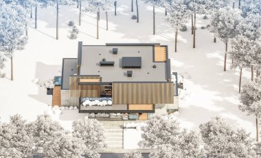 Park yeri ve havuzu satılık ya da kiralık, ahşap ön cepheli ve arka planda güzel peyzajlı modern konforlu bir ev. Parlak beyaz karlı serin bir kış günü.