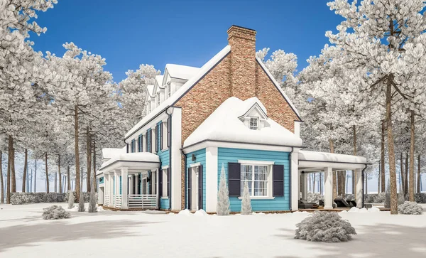 ガレージや販売のためのプールや背景に美しい造園と賃貸と植民地スタイルの現代的な居心地の良い古典的な家の3Dレンダリング 白い雪で涼しい冬の日 — ストック写真