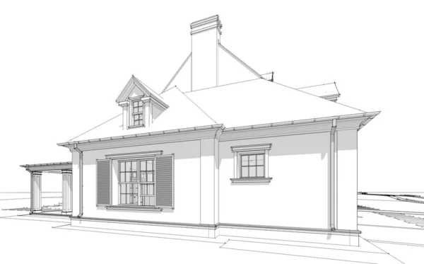 ガレージや販売のためのプールや背景に美しい造園と賃貸と植民地スタイルの現代的な居心地の良い古典的な家の3Dレンダリング 白地に柔らかい光の影の黒い線のスケッチ — ストック写真