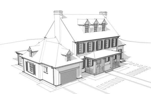 ガレージや販売のためのプールや背景に美しい造園と賃貸と植民地スタイルの現代的な居心地の良い古典的な家の3Dレンダリング 白地に柔らかい光の影の黒い線のスケッチ — ストック写真