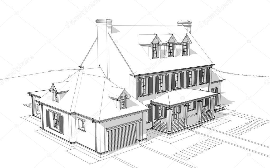 3d rendering of modern cozy classic house in colonial style with garage and pool for sale or rent with beautiful landscaping on background. Black line sketch with soft light shadows on white background.