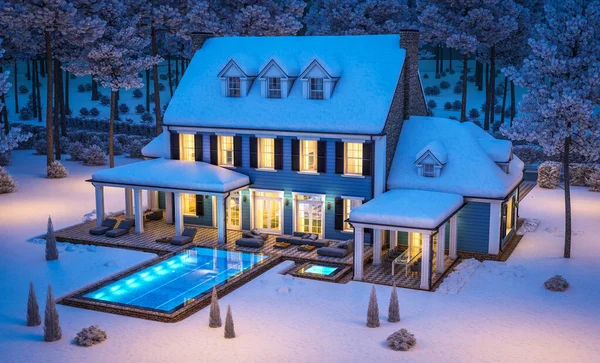 Representación Moderna Acogedora Casa Clásica Estilo Colonial Con Garaje Piscina — Foto de Stock