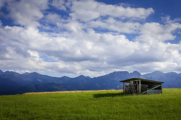 Polonya 'daki Tatra Dağları. Ahşap kulübe, arka planda dağlar..