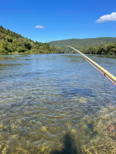 Dağ nehrindeki berrak su manzarası, görünür uçan çubuk..