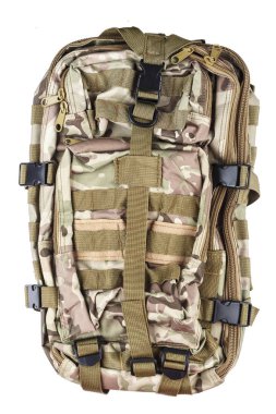 renk haki izole sırt çantası. ekipman Turizm ve balıkçılık için. Beyaz adam izole