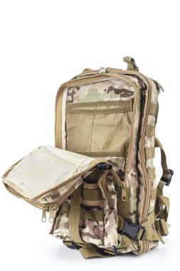 renk haki izole sırt çantası. ekipman Turizm ve balıkçılık için. Beyaz adam izole