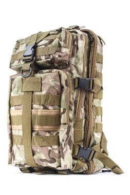 renk haki izole sırt çantası. ekipman Turizm ve balıkçılık için. Beyaz adam izole