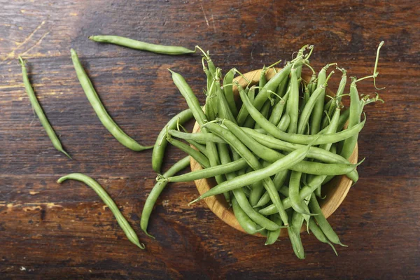 Vainas Frijoles Espárragos Plato Sobre Fondo Madera Top Vie —  Fotos de Stock