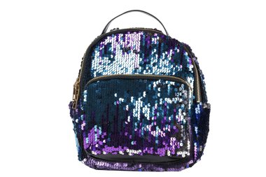 Kadın sırt çantasında pullu veya mavi-mor izole beyaz arka plan üzerinde parıldıyor. kırpma pat