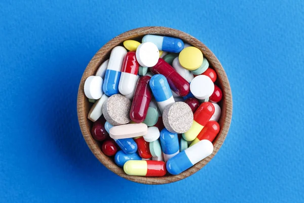 Different Pills Plate Blue Background Space Tex — Stock Photo, Image