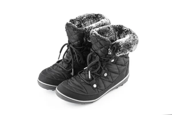 冬のレディース ブーツ スノーモービルに白い背景がある分離の毛皮で — ストック写真