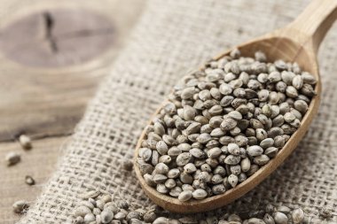 çuval bezi gelmedi, tex için alan rustik bir tahta kaşık kenevir tohumu