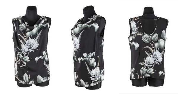 Kvinnliga Svart Shirt Med Blommönster Skyltdocka Isolerad Vit Bak — Stockfoto