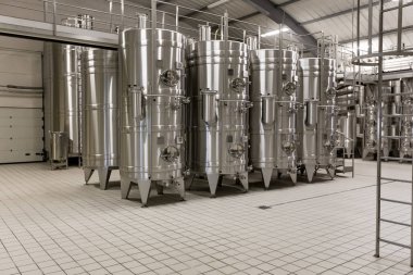 Şarap mahzeni ve üretim, varil için şarap depolama Modern geliştirme teknolojisi kavramı. İç modern şarap fabrikası