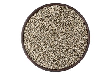 Beyaz arka planda, yer tex için izole bir tabak içinde kenevir tohumu