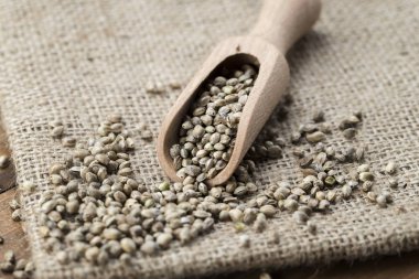 çuval bezi gelmedi, tex için alan rustik bir tahta kaşık kenevir tohumu