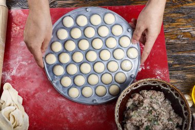 Mantı domuz forcemeat evde baharat ile üzerinden hazırlanması. hamur ve kıyılmış et hamur tatlısı