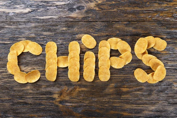 Potatischips Trä Bakgrund Inskriften Marker Med Potatis Chip — Stockfoto