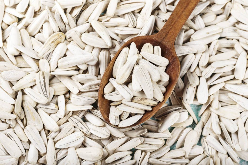 white sunflower seeds are scattered as a background. on the seeds lies a wooden spoon. place for tex