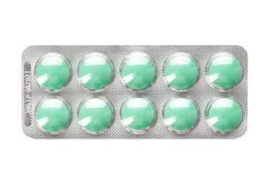 beyaz zemin üzerine yeşil hapları ile blister. izole. tex için yer