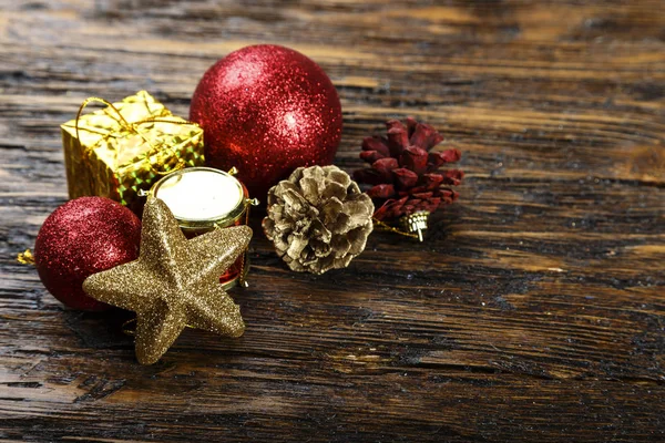 Jouets Sur Arbre Noël Sur Fond Bois Place Pour Tex — Photo