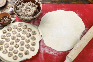 Ev yapımı mantı için dolgu. kıyılmış et ile hamur hazırlanması köfte yemek pişirmek için